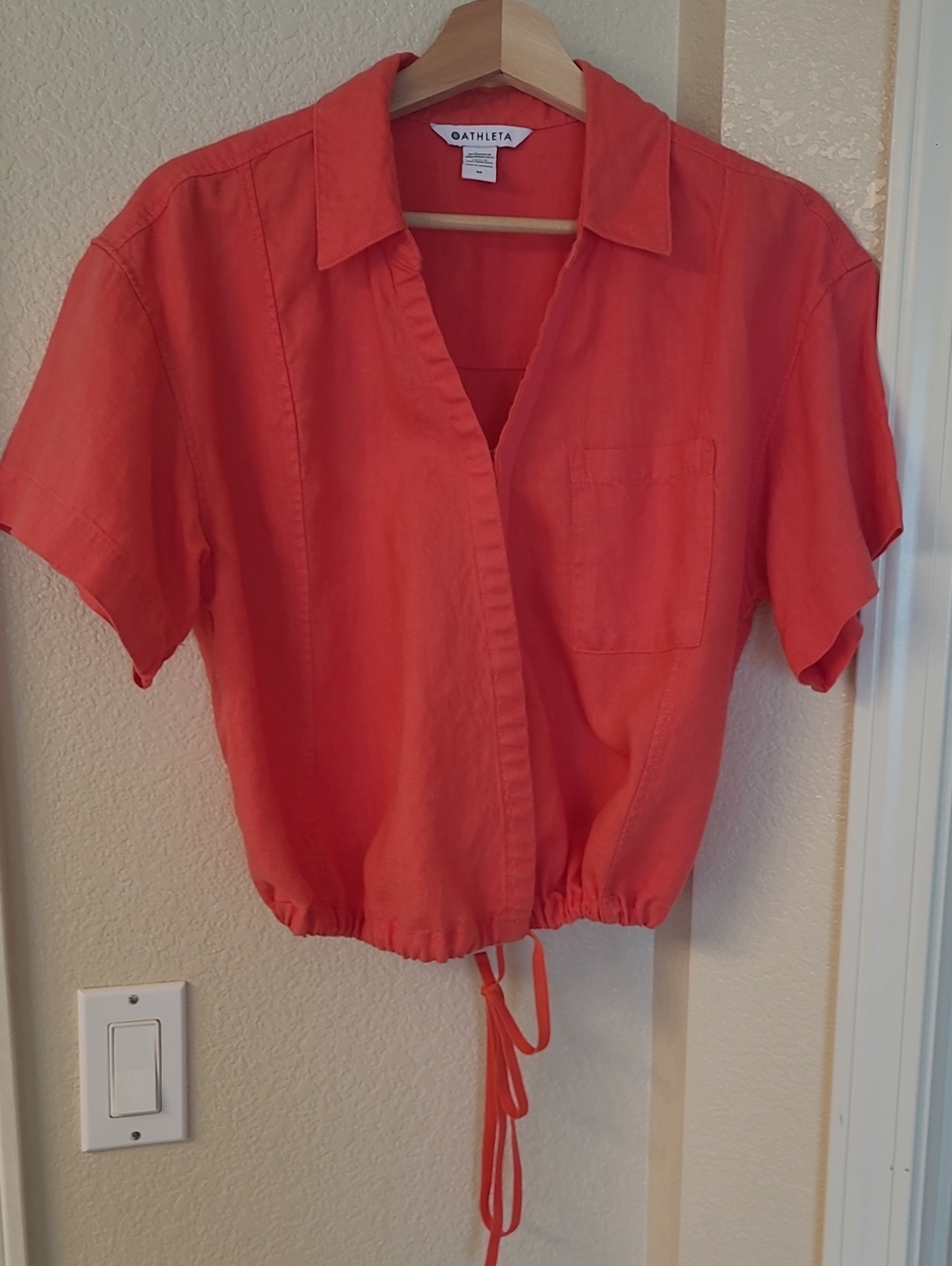 Athleta Coral Red Short-Sleeve 100% Linen Wrap Shirt